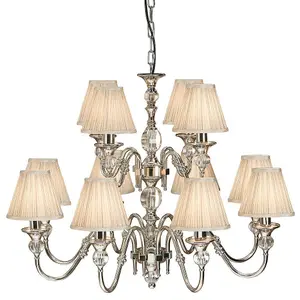 Diana Ceiling Pendant Chandelier Bright Nickel & Beige Pleat Shade 12 Lamp Light