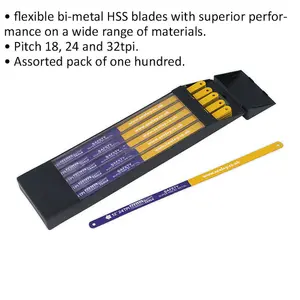 100 Pack of Flexible Bi-Metal HSS Hacksaw Blades - Versatile 18, 24, and 32 TPI Set