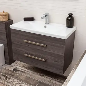 Novela 800mm Wall Hung Vanity Unit in Dark Wood with Ceramic Basin