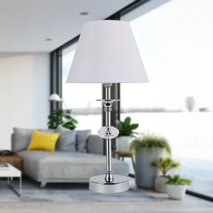 First Choice Lighting Chrome Plated Stacked Bedside Table Light Faceted Acrylic Detail White Fabric Shade