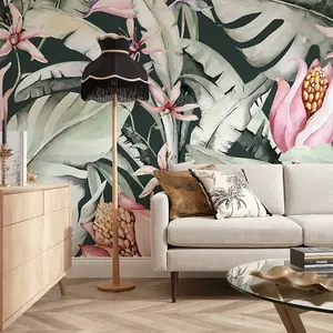 Exotic Flowers Mural In Charcoal and Green And Pink (350cm x 240cm)