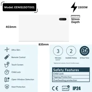 1500W Electric Panel Heater for Home or Office - Wall Mounted or Portable Freestanding with Touchscreen Timer and Thermostat