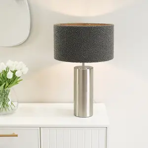 ValueLights Lexy Brushed Chrome Touch Table Lamp with Charcoal Grey Boucle Shade