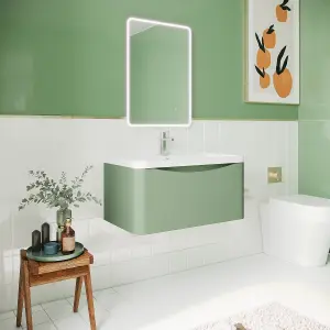 Wall Hung 1 Drawer Vanity Basin Unit with Polymarble Basin, 800mm - Satin Green