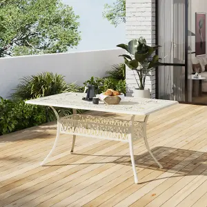 150 x 90cm Cast Aluminum Outdoor Patio Garden Table with Unique Hollow Design and Umbrella Hole, White