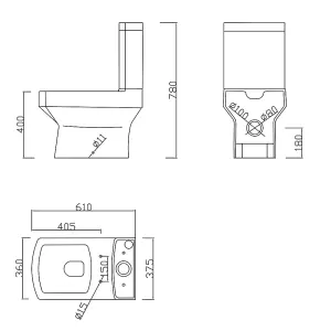 Rinse Bathrooms Bathroom Square Close Coupled Toilet Dual Flush Cistern WC with Soft Close Seat