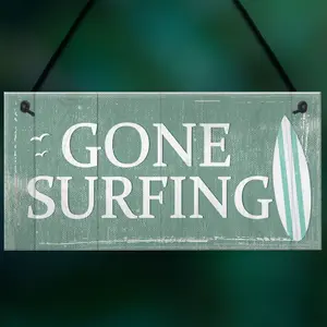 Red Ocean Gone Surfing Hanging Plaque Nautical Decor Beach Seaside Shabby Chic Home Sign Gift