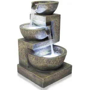 Primrose Kendall Stone Effect 3-Tier Cascading Garden Fountain Water Feature with LED Lights H48cm