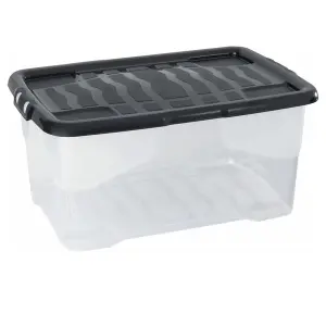 3 x Stackable & Strong Durable 10 Litre Curve Plastic Storage Boxes With Black Lids For Home & Office