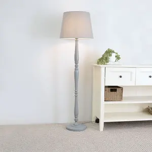 ValueLights Victoria Traditional Grey Wood Candlestick Floor Lamp with Grey Tapered Shade