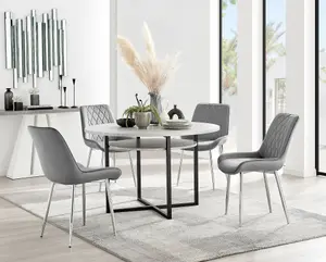 Adley Grey Concrete Effect And Black Round Dining Table with Storage Shelf and 4 Grey Velvet Silver Leg Pesaro Dining Chairs