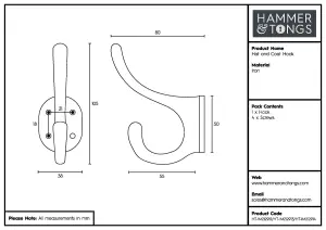 Hammer & Tongs - Hat & Coat Hook - W40mm x H105mm - Raw