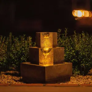 Primrose Solar Tiered Coba Square Cascading Water Feature With Battery Backup and Lights 37cm