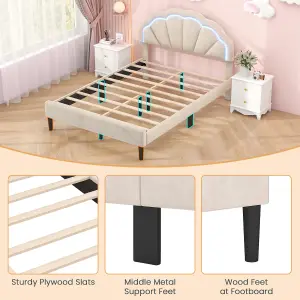 COSTWAY Double Size Upholstered LED Bed Frame Kids Platform Bed w/ Adjustable Headboard