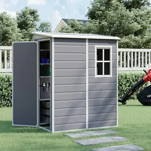 149.8cm W Grey Plastic Outdoor Garden Storage Shed with Window, Lockable Door, 5 x 4 ft