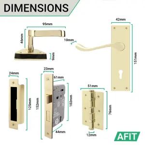 AFIT Polished Brass Victorian Scroll Door Handle Key Lock Set, 1 Pair of Internal Handles on Backplate, Hinges 76mm Sash Lock 64mm