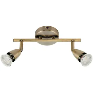 2 Way Adjustable Ceiling Spotlight Bar - 2 x 35W GU10 - Antique Brass Plate