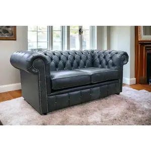 Chesterfield Handmade 2 Seater Sofa Settee Cracked Wax Black Real Leather In Stock