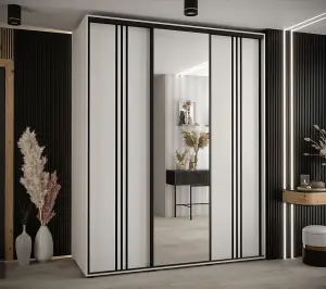 Elegant White Cannes VII Sliding Wardrobe H2050mm W2000mm D600mm with Custom Black Steel Handles and Decorative Strips