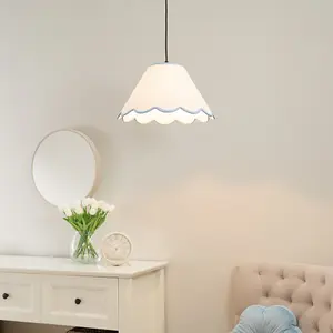 ValueLights Florie Small Natural Linen Tapered Light Shade with Blue Scallop Trim - LED Bulb Included