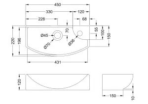 Compact Wall Hung Left Hand Round Ceramic 1 Tap Hole Vessel - 450mm