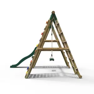 Rebo Wooden Swing Set with Deck and Slide plus Up and Over Climbing Wall - Amber Green