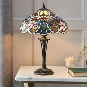 Tiffany Glass Table Lamp Light Dark Bronze & Multi Colour Floral Shade i00229