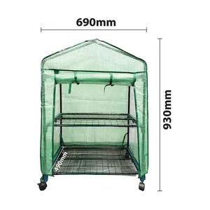 Mini Greenhouse with Shelves, PVC Cover & 4 Wheels - Portable Foldaway Outdoor Garden Wheeled Grow House - H93 x W69 x D49cm