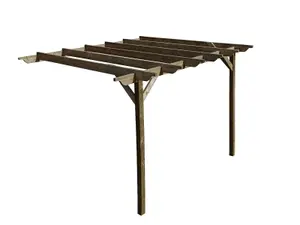 Lean to wooden garden pergola kit - Sculpted design wall mounted gazebo, 3m x 4.8m (Rustic brown finish)