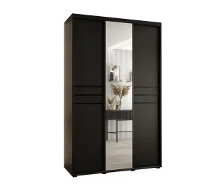 Cannes XI Mirrored Sliding Door Wardrobe W150cm - Sleek Black Storage for Medium Spaces