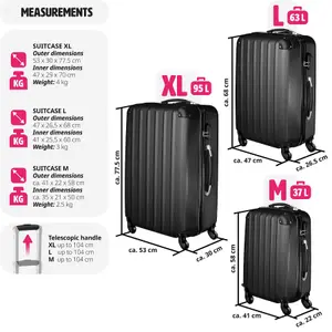 Suitcase Set - 3 hard-shell suitcases with telescopic handle, swivel wheels - black