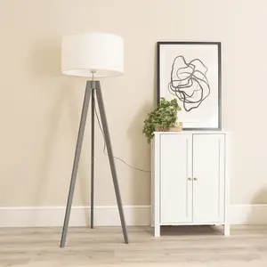 ValueLights Jackson Grey Wood Tripod Floor Lamp with White Fabric Lamp Shade and LED Bulb