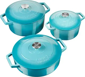 Cast Iron Casserole Set of 3 20 cm 26cm & 28cm / 2.8L 4.3L & 5.8L Dishes Oven Proof Enamelled Cast Iron Pans with Lids