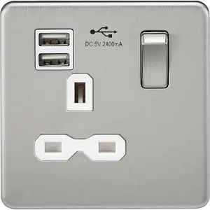 Knightsbridge Screwless Single Switched Socket with Dual USB A 13A Brushed Chrome / White - SFR9124BCW