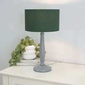 ValueLights Victoria Traditional Grey Wood Candlestick Table Lamp with Forest Green Drum Shade