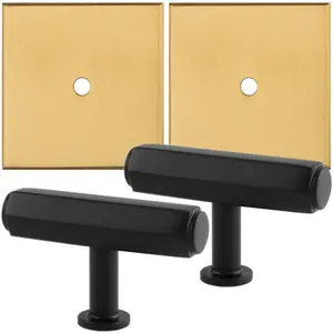 2 PACK - Cabinet Door Knob & Contrasting Backplate Set - Hex T Bar Pull - Matt Black & Satin Brass