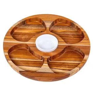 Round Teak Wood Snack Serving Board 5 Divisions with Porcelain Bowl 35.5 x 2.4cm