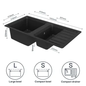 GoodHome Romesco Black Granite 1.5 Bowl Sink & drainer 515mm x 1050mm