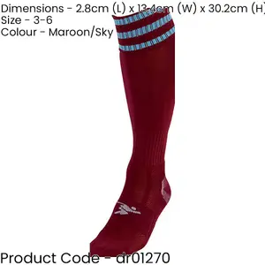 JUNIOR Size 3-6 Pro 3 Stripe Football Socks - MAROON/SKY BLUE - Contoured Ankle