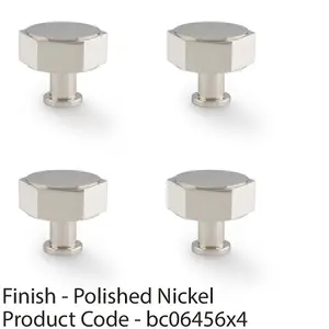 4 PACK - Industrial Hex Cabinet Door Knob - 40mm Polished Nickel Cupboard Pull Handle