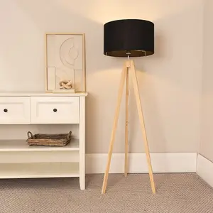 ValueLights Jackson Natural Wood Tripod Floor Lamp with Black Fabric Lamp Shade