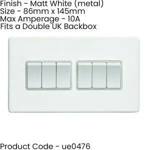 2 PACK 6 Gang Multi Light Switch SCREWLESS MATT WHITE 2 Way 10A Slim Rocker