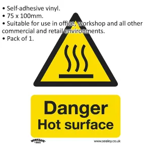 Self-Adhesive DANGER HOT SURFACE Safety Sign - 75mm x 100mm Vinyl Sticker