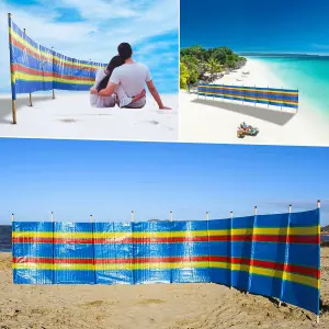 5 Pole Wooden Windbreak Beach Camping Windbreaker Sun Wind Shelter Striped 5ft High X 9ft Long Traditional