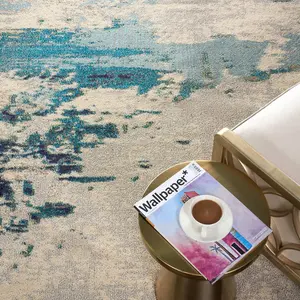 Ivory/Teal/Blue Modern Easy to Clean Abstract Graphics Rug For Dining Room -274cm X 366cm