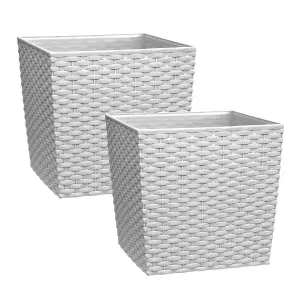 simpa 2PC White 15L Cubie Rattan Plastic Planters - 25cm (H) x 25cm (W) x 25cm (D)