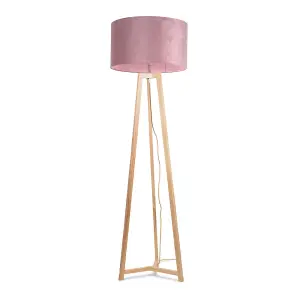 ValueLights Lottie Natural Wood Tripod Floor Lamp with Blush Pink Velvet Drum Shade