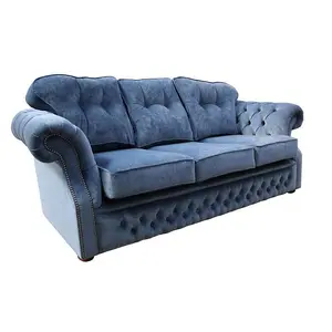 Chesterfield 3 Seater Denim Blue Fabric Sofa Settee Bespoke In Era Style