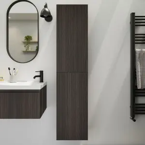 GoodHome Kentia Ribbed effect Walnut Veneer Double Bathroom Column cabinet (H)150cm (W)35cm