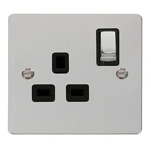 Flat Plate Polished Chrome 1 Gang 13A DP Ingot Switched Plug Socket - Black Trim - SE Home